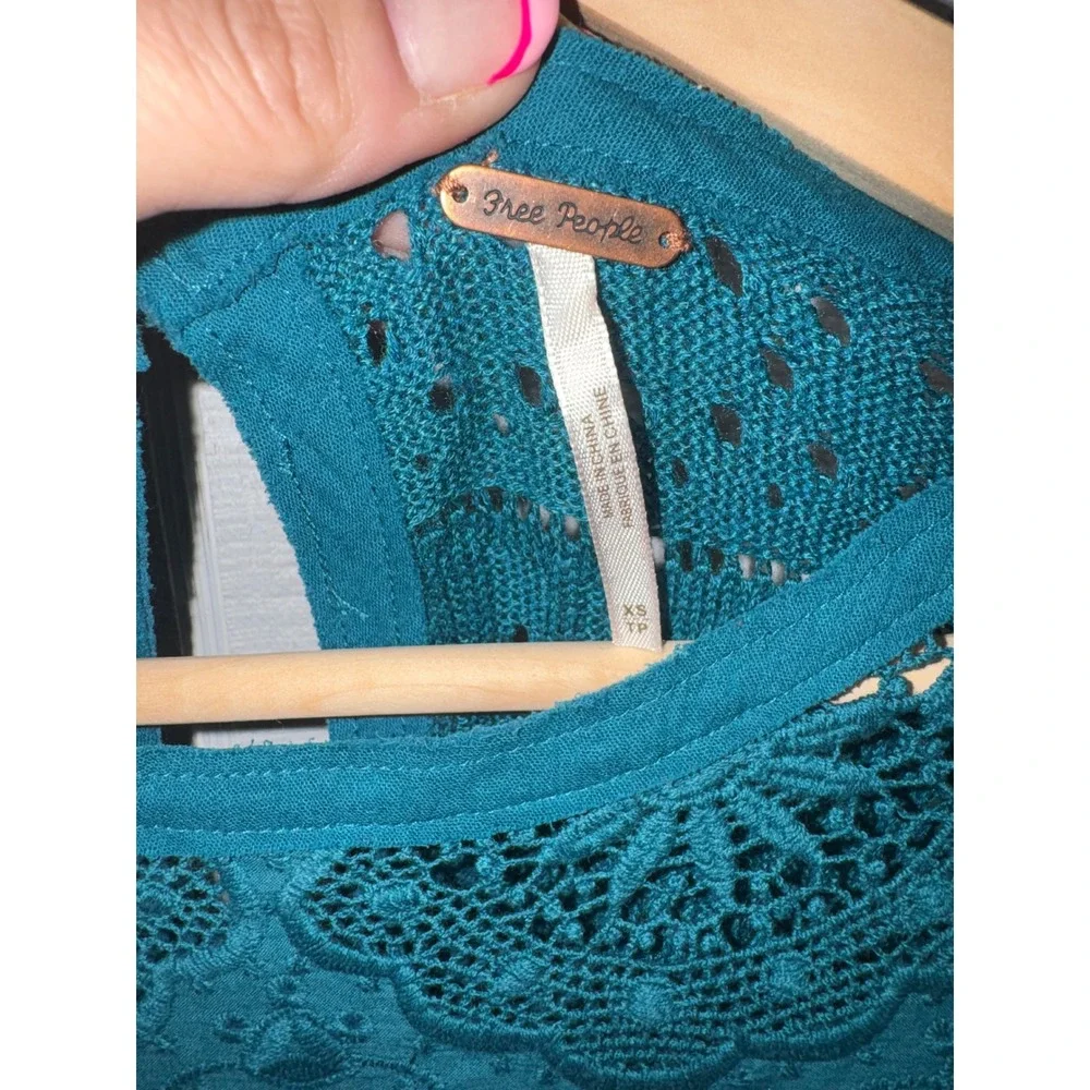 Free People Crochet Knit Top Women Teal Blue Bell Sleeve Lace XS